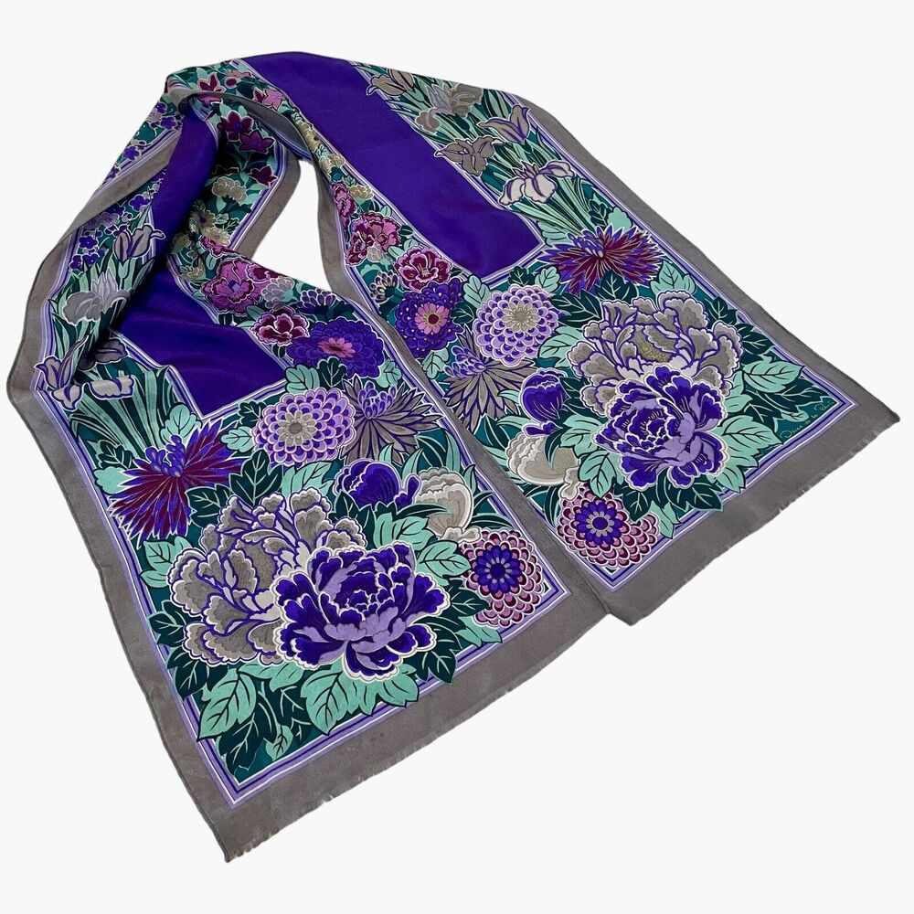 Vintage Oscar de la Renta Purple Multi-Color Floral Pattern Silk Scarf Japan 53L